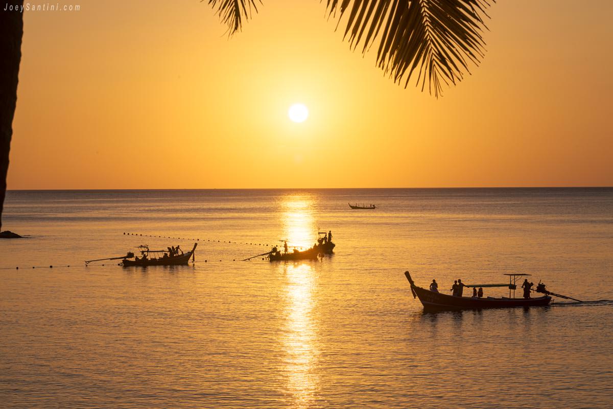 Traditional Thai longtail boats floating on the golden sea during a vibrant sunset at Freedom Beach, Phuket.
