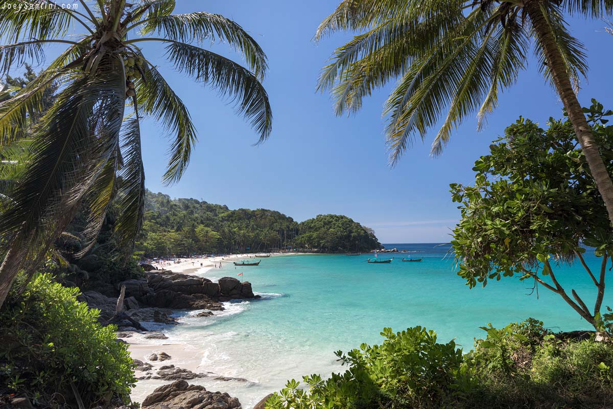 Scenic overlook of Freedom Beach in Phuket framed by lush coconut palm trees with traditional Thai longtail boats floating on the turquoise water.