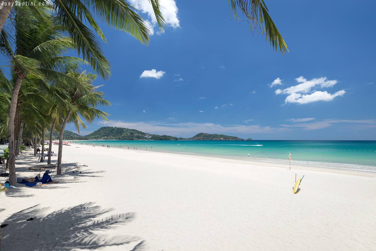 Shot of white sand and green coconut trees of Patong beach with blue sky in the background