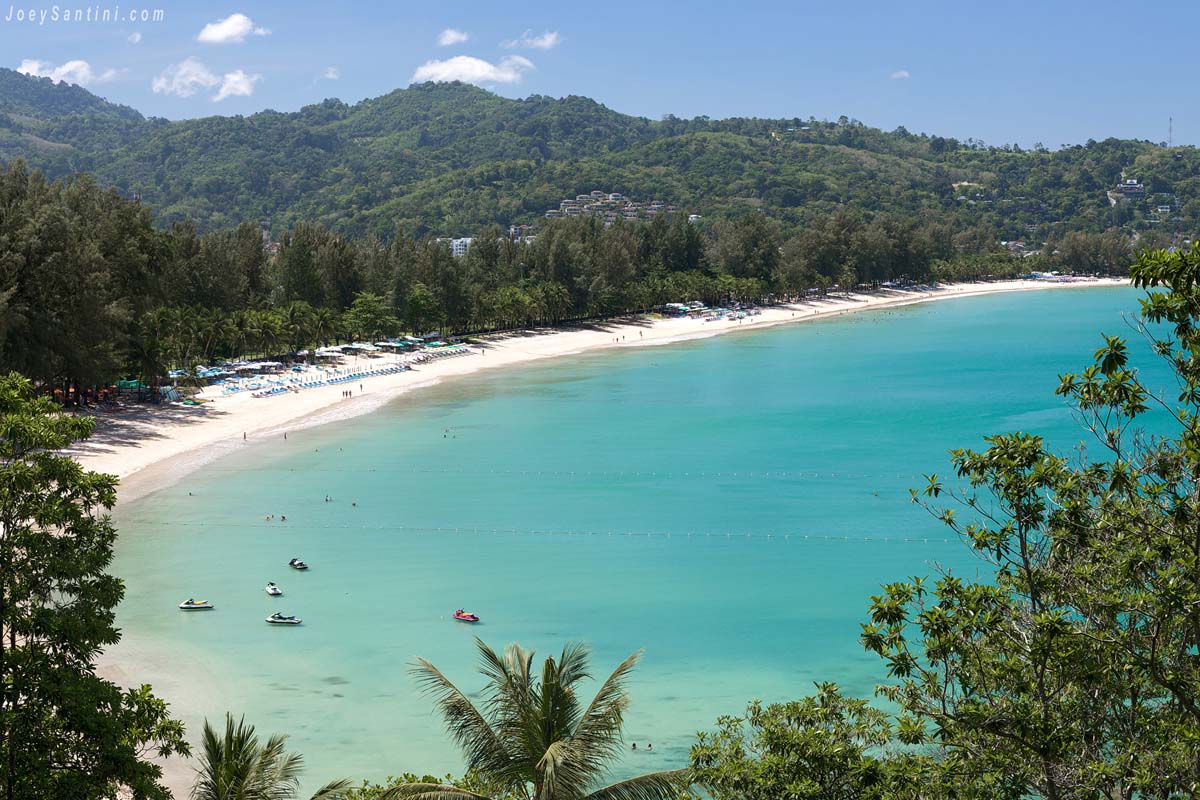 Shot of Kamala Beach from above with white sand and turquoise sea water