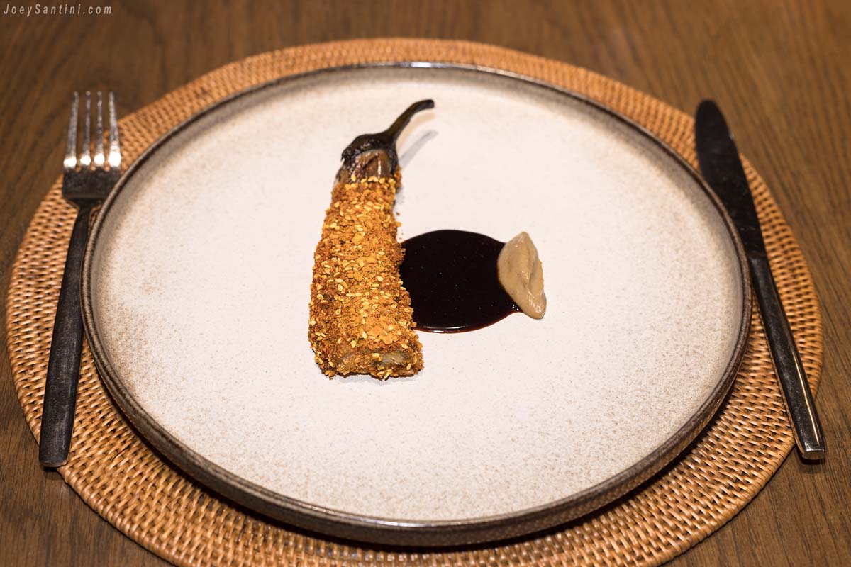 Shot of a eggplant with brown sauce on a white plate