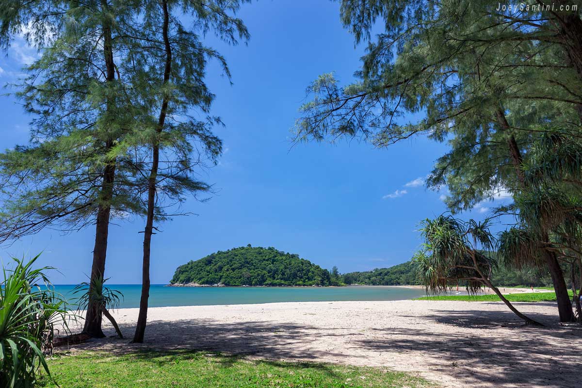 Shot of the trees and white sand of Layan beach