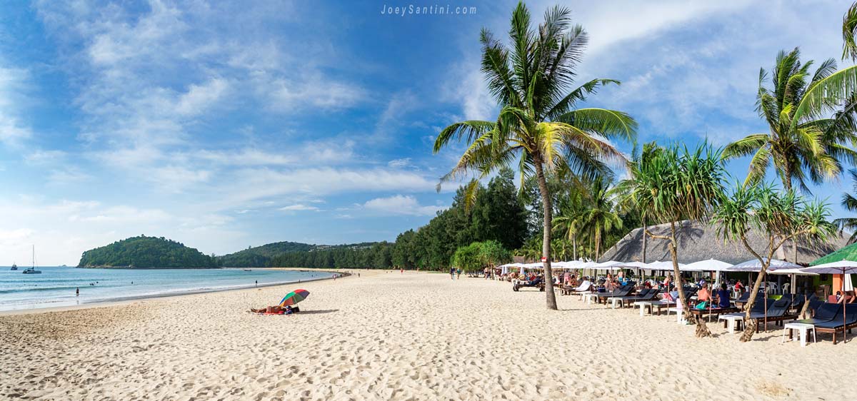 Shot of the sand and palm trees of Layan beach