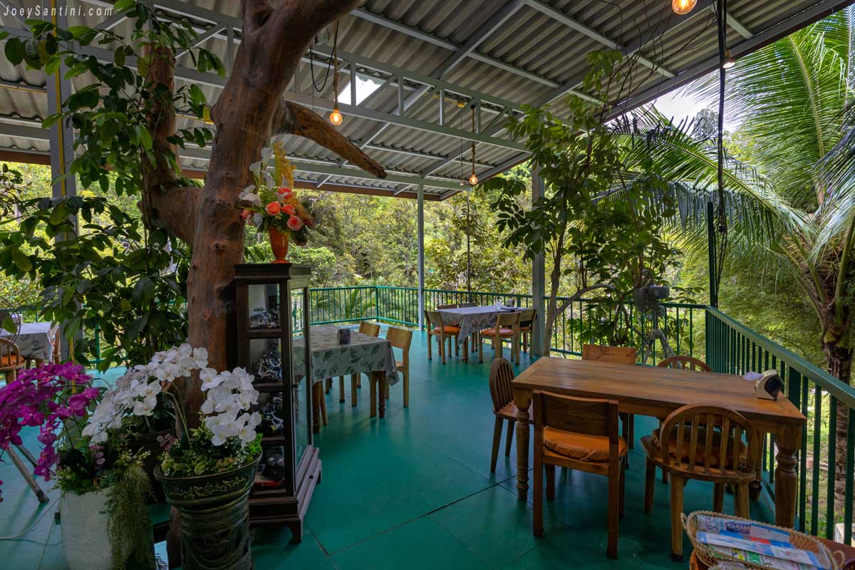Open air terrace seating with rainforest view at Khiang Kao Forest Cafe