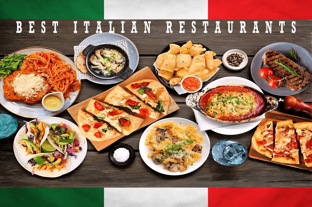A top-down food banner featuring a variety of Italian dishes on a wooden table, framed by the Italian flag with the text Best Italian Restaurants.