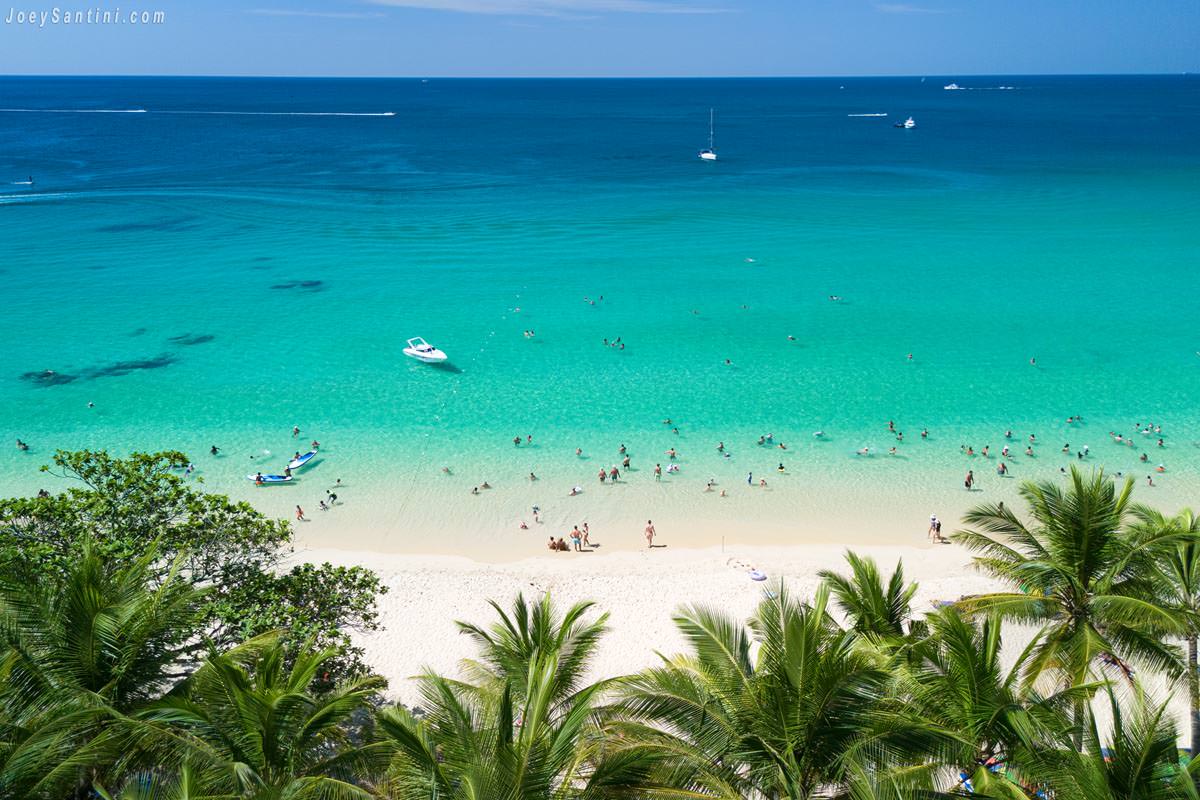 Showing green palm trees white sand of the beach and blue sea waters on the background