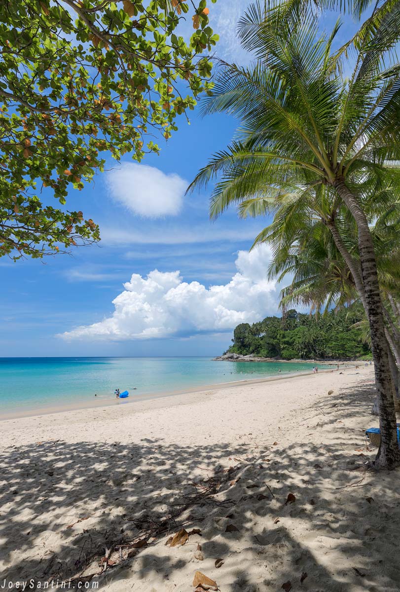 Scenic view from under the shade of coastal trees looking out at the white sand and blue sea of Surin Beach.