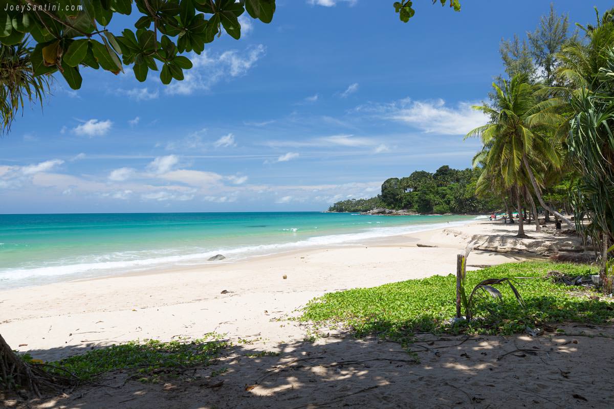 A serene view of a pristine white sand shoreline bordered by turquoise ocean water and tropical palm trees under a blue sky
