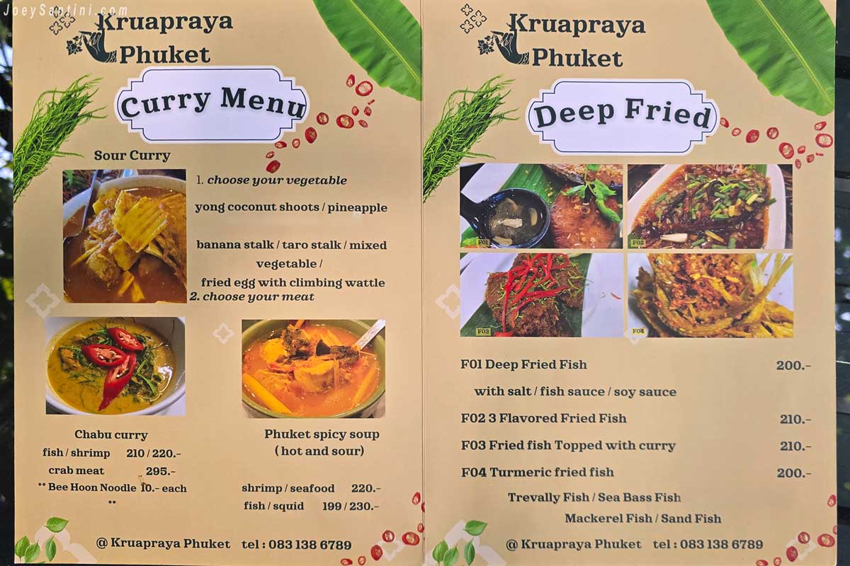 Krua Praya Phuket menu page displaying Sour Curry options and deep-fried fish choices