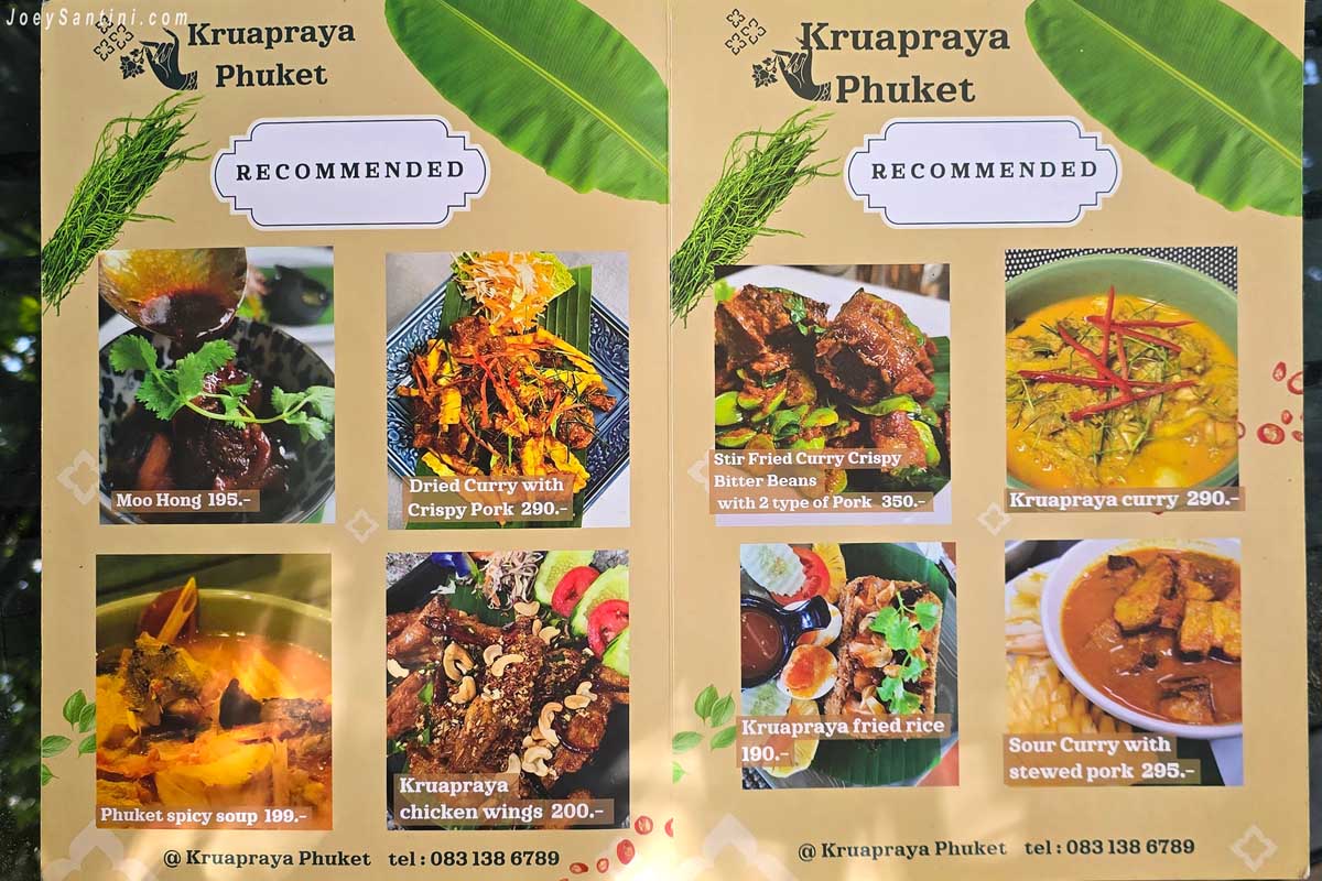 Krua Praya Phuket recommended dishes menu page featuring Moo Hong and local Southern Thai specialties