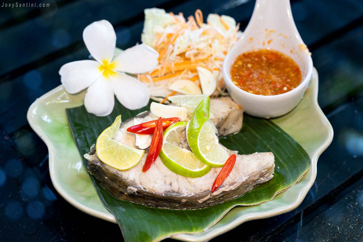 Krua Praya Phuket steamed sea bass with lime slices and chili dipping sauce