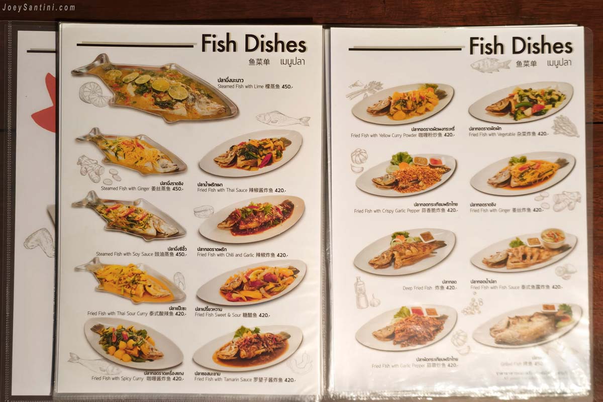 No 6 Restaurant Up The Hill Patong menu page for fish dishes prepared multiple ways