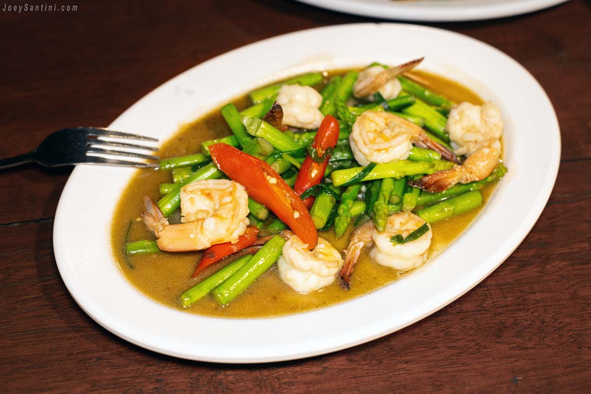 Stir Fried asparagus with Shrimps dish at No 6 Restaurant Up The Hill Patong Phuket