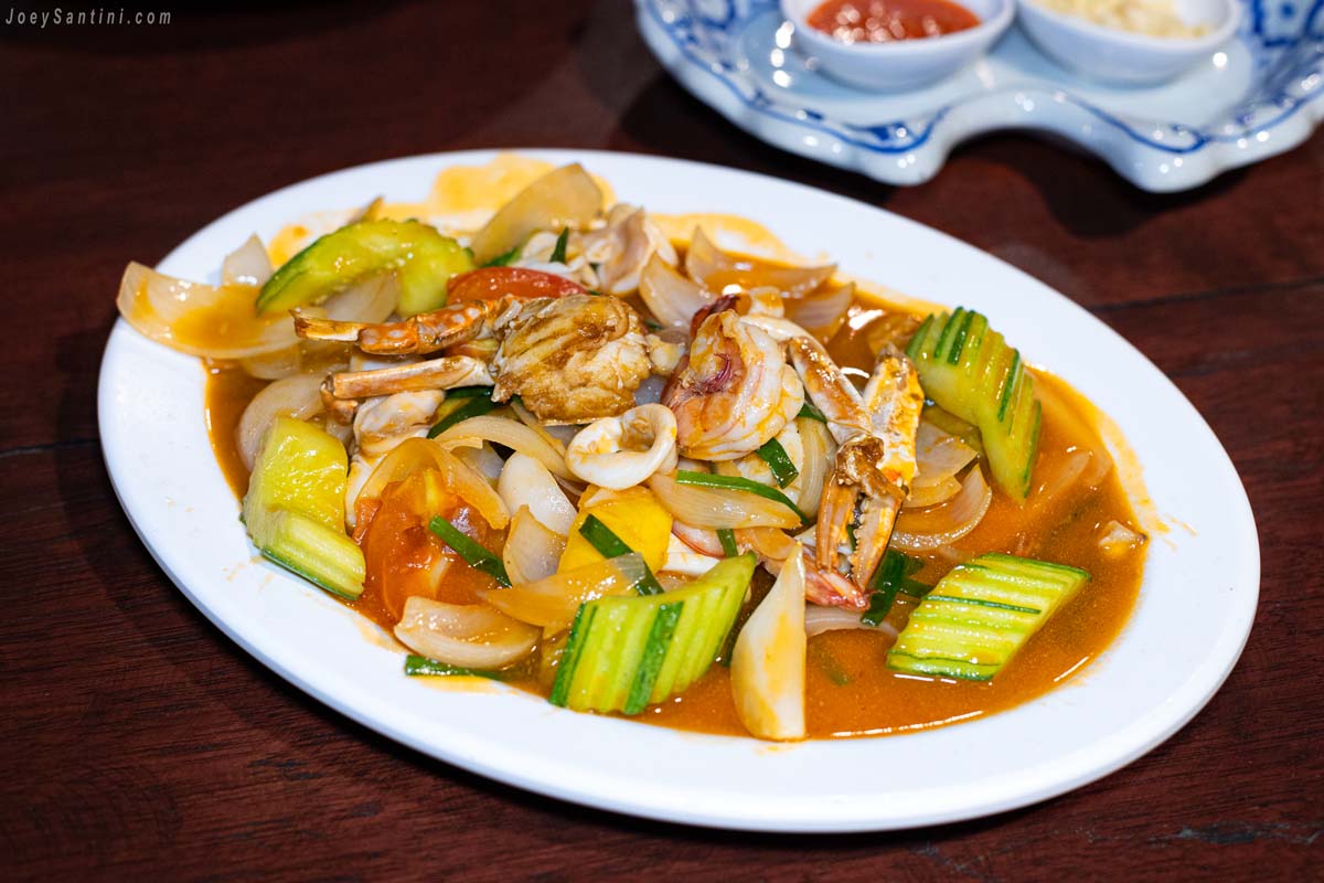 Stir Fried Sweet and sour seafood dish at No 6 Restaurant Up The Hill Patong Phuket