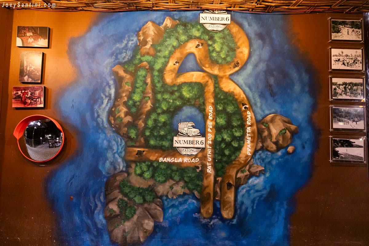 No 6 Restaurant Up The Hill Patong wall painted route map and historical photos
