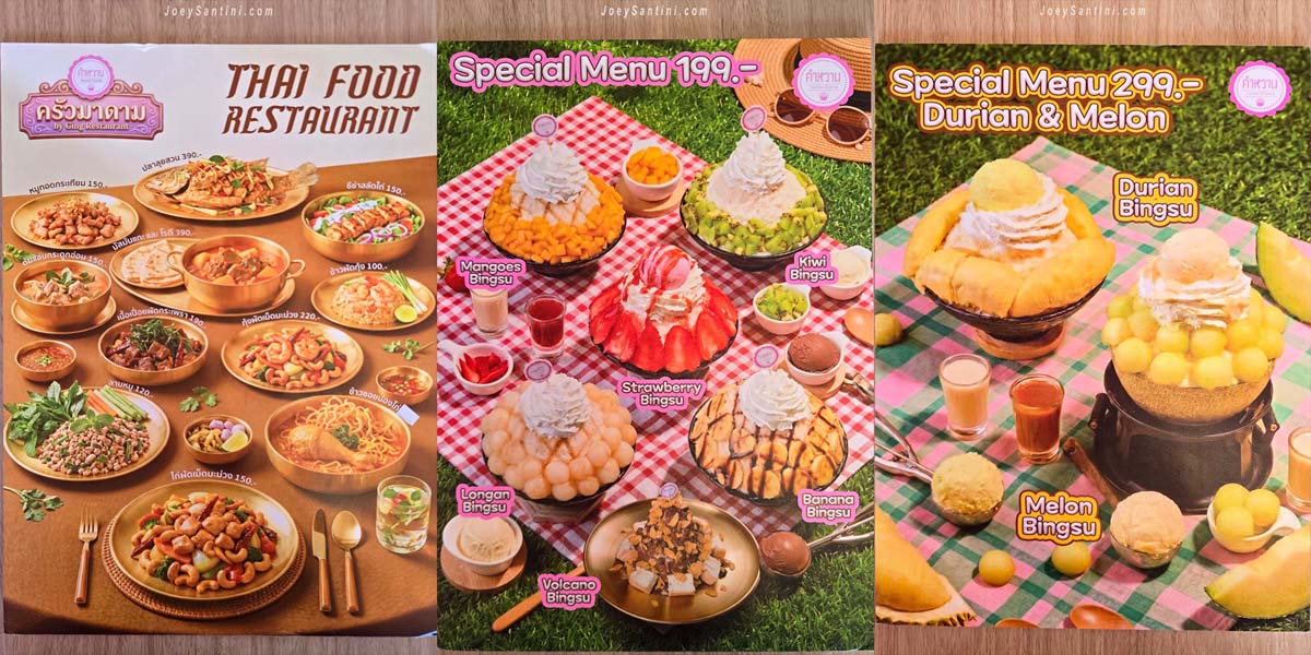 three-panel menu showcasing traditional thai dishes and bingsu dessert specials at sweet come phuket