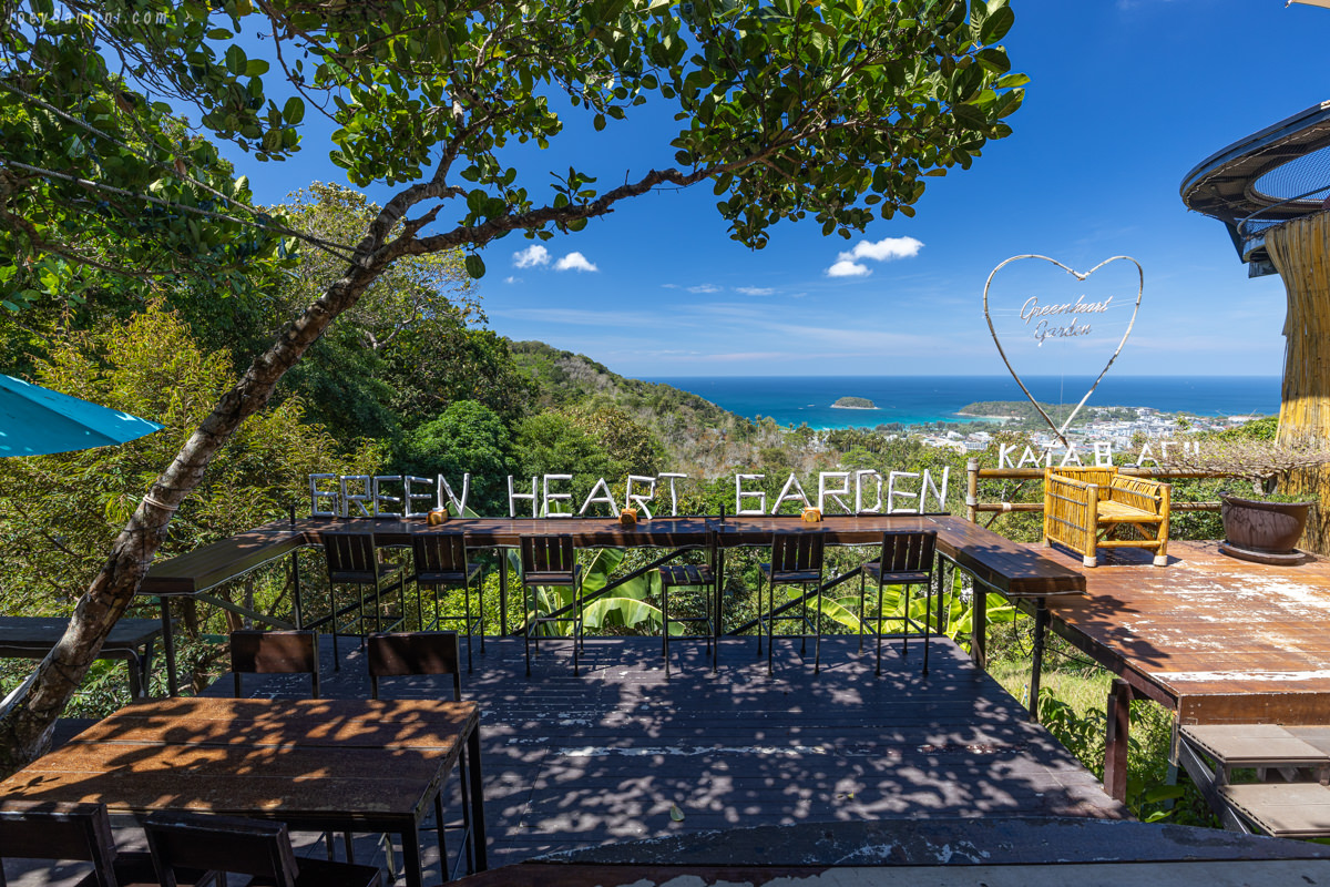 Green Heart Garden wooden sign and heart-shaped bamboo photo spot overlooking Kata Beach Phuket