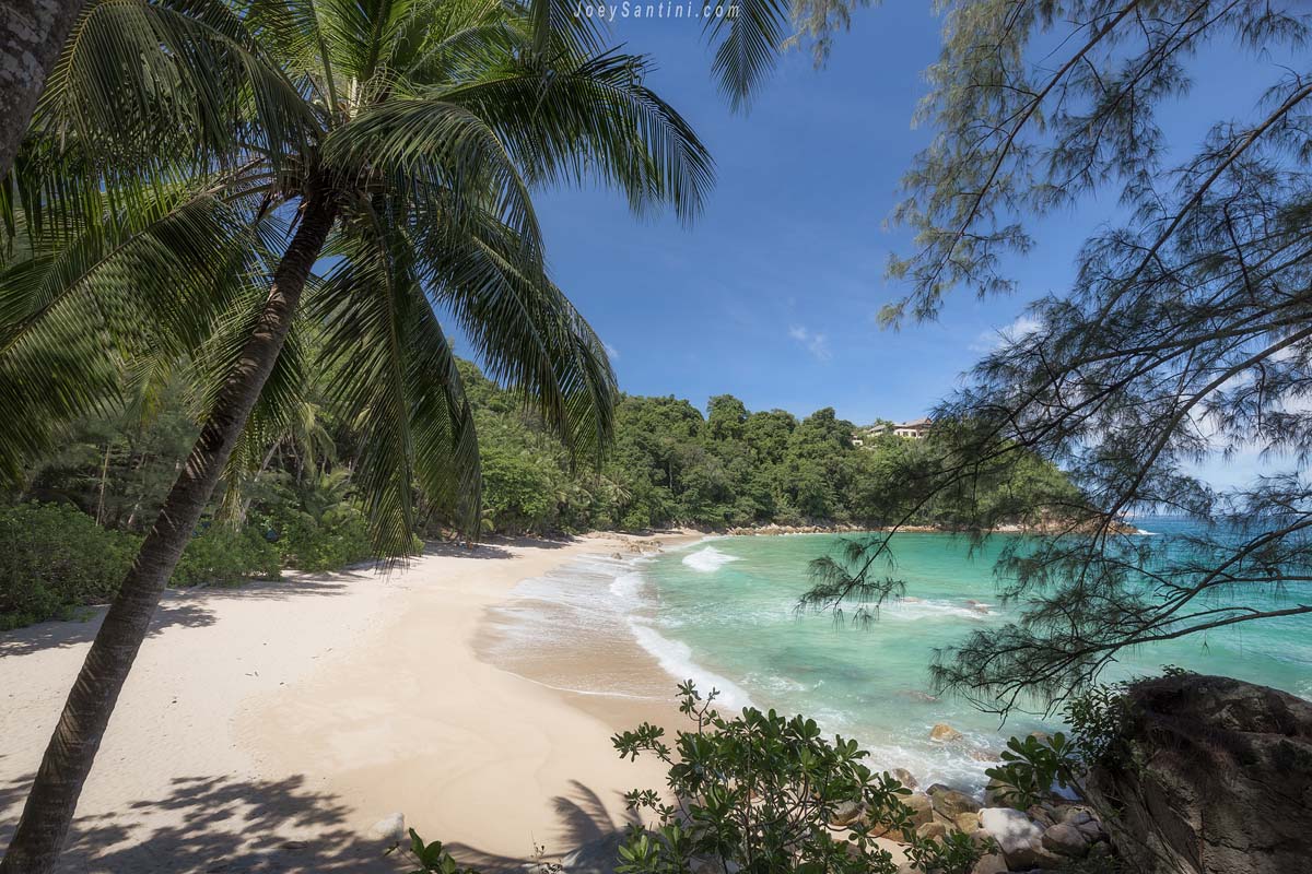 A scenic view of Banana Beach framed by green palm fronds and coastal trees